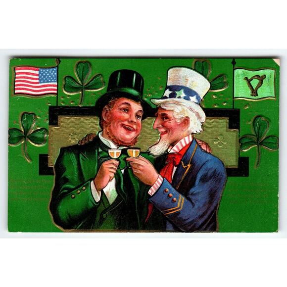 Saint Patrick's Day Postcard Uncle Sam Irish Toasting Cocktails Embossed 1914 - Picture 1 of 2